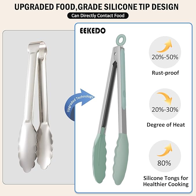 EEKEDO Tongs for Cooking, Stainless Steel Kitchen Tongs with Silicone Tips