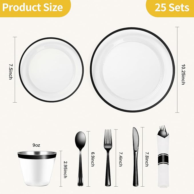 Goodluck 175 Pcs Clear Black Party Plates Cups Napkins Sets for 25 Guests