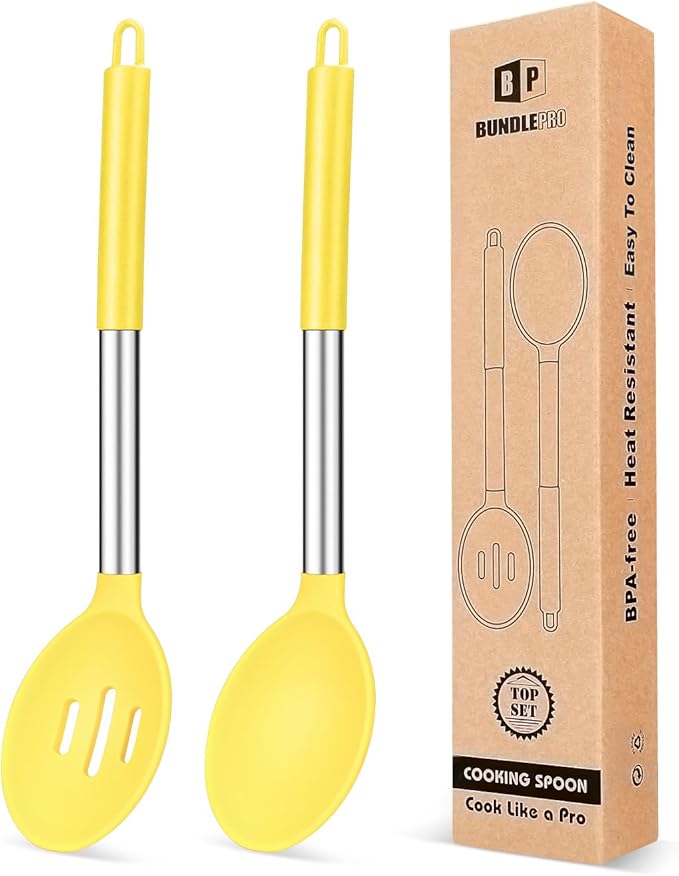 BUNDLEPRO Silicone Cooking Spoons for Non Stick Cookware, 2 Pack, Yellow