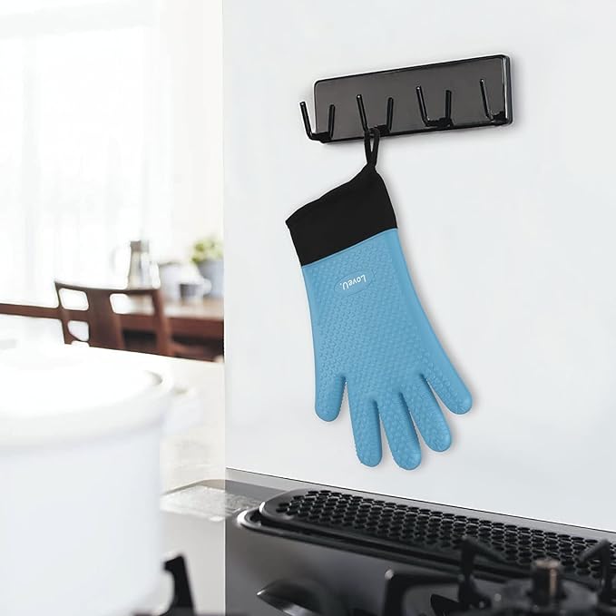Loveuing Kitchen Oven Gloves - Dual-Layer Heat Resistant Grilling Gloves, Silicone Oven Mitts with 5 Fingers, Waterproof Non-Slip Pot Holder for Barbecue, Cooking, Baking (Small, Blue Long)