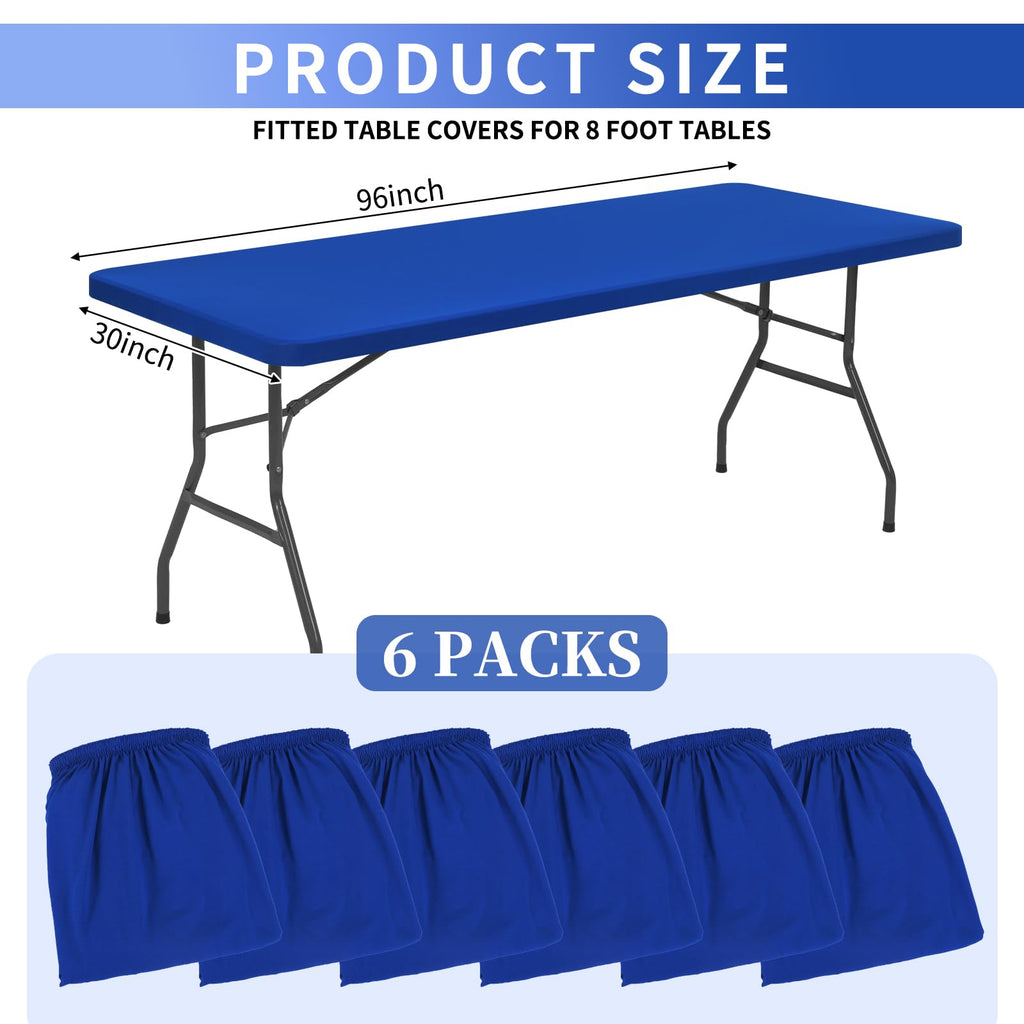 6 Pack Stretch Fabric Table Top Cap Cover, fits 8' Tables, Spandex Table Covers Washable Elastic Rectangle Tablecloth Protector for Indoor Outdoor Party Picnic Wedding, Royal Blue, 30" W x 96" L