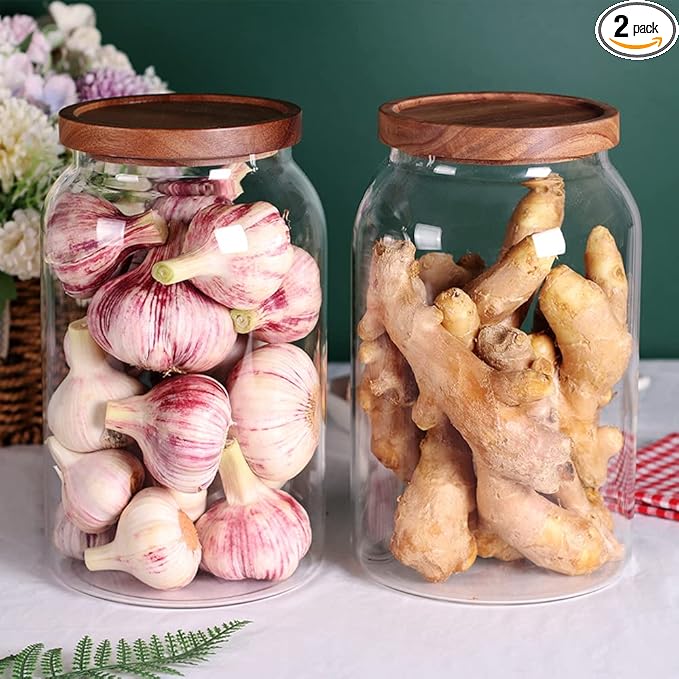 SAIOOL 1 Gallon Glass Jar with Wooden Acacia Airtight Lid, Set of 2