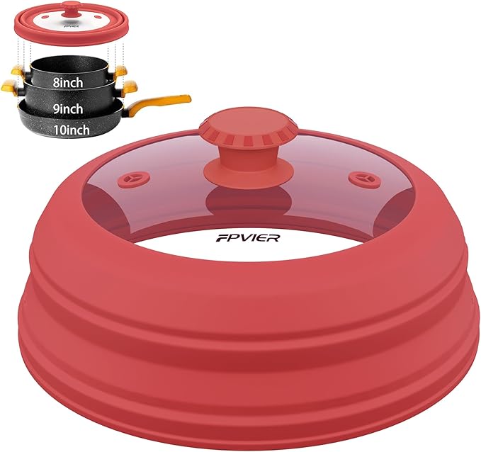 Microwave Splatter Cover, Vented Silicone & Glass Anti-Splatter Lid with Handle, Collapsible Food Plate Cover Fits 6–11 Inch Plates and Bowls (Red, 10.8inch)