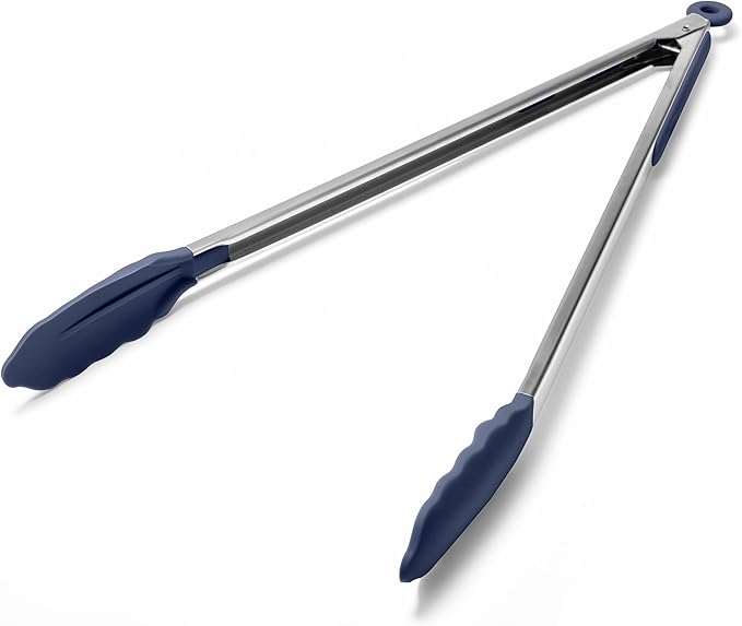 Doosu Kitchen Tongs with Silicone Tips for Cooking Serving (16in, Navy)