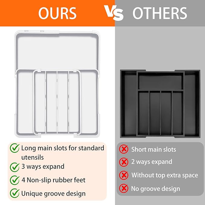 Spaclear Silverware Drawer Organizer, Adjustable Utensil Tray for Kitchen Drawer, 19 x 15 Inches Flatware and Cutlery Holder, Expandable Plastic Storage for Spoons Forks Knives, 4-7 Slots, White
