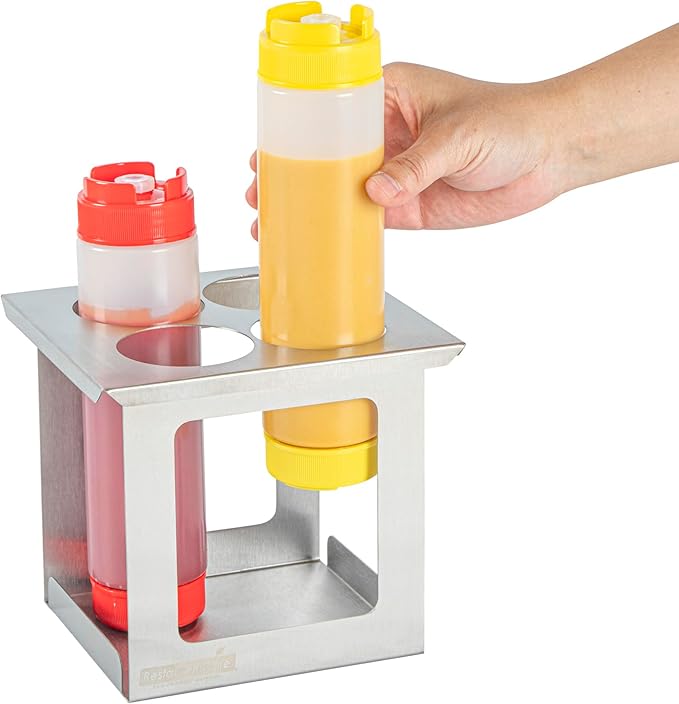 Restaurantware Squeeze Bottle Holder 1 Count 6.30 x 7.01 x 6.26 Inches Stainless Steel Condiment Organizer - Four-Hole Durable Kitchen Rack - Silver Prep Station Organizer