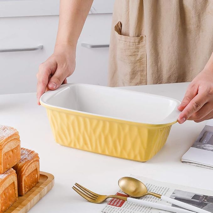 KOOV Ceramic Loaf Pan, Bread Baking Pan, 9 x 5 inch Baking Dish, Rectangular Bakeware for Cooking, Home Kitchen, Texture Series(Yellow)