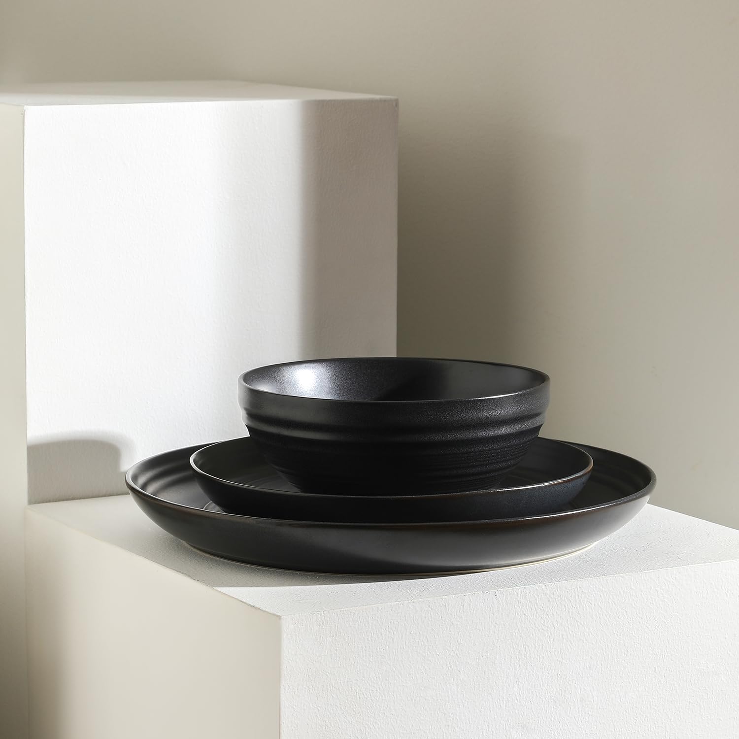 Stone Lain Elio 24-Piece Dinnerware Set Stoneware, Plates and Bowls Set, Dish Set for 8, Black