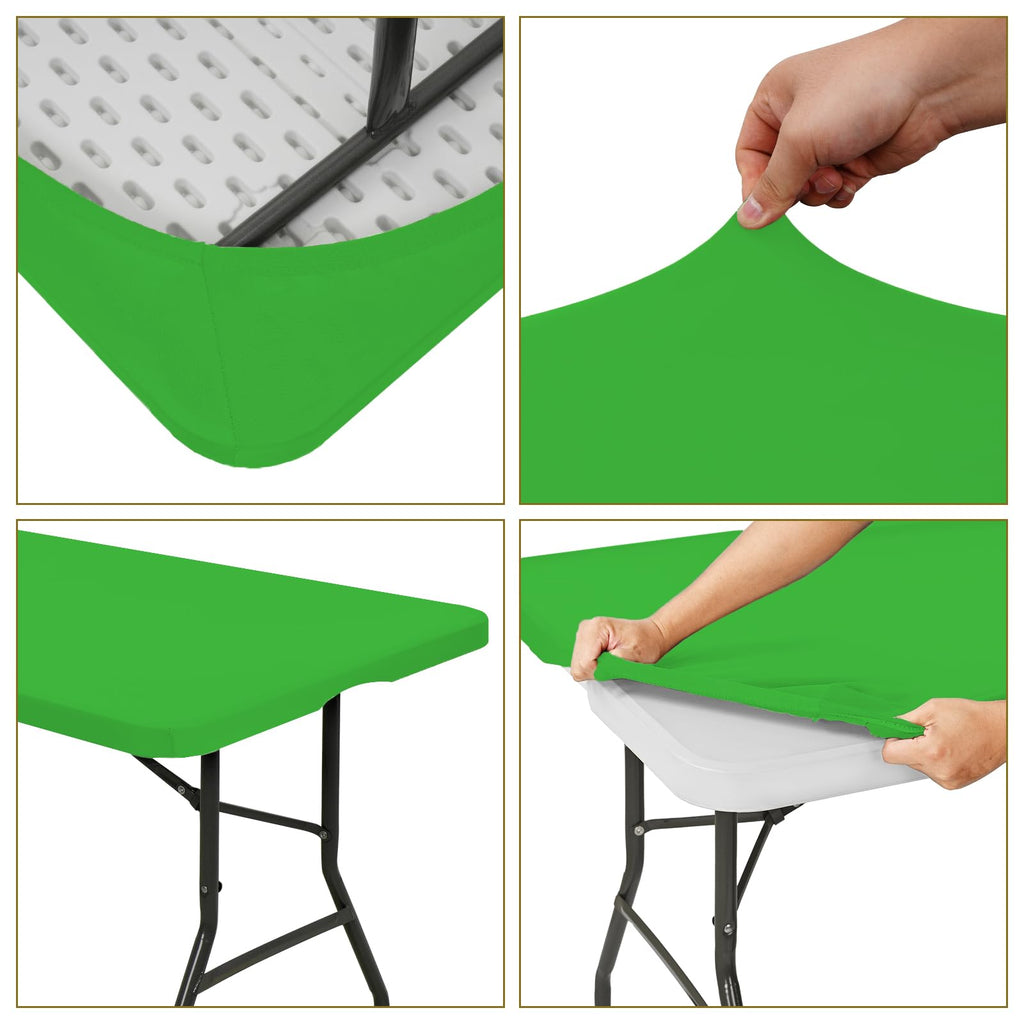 6 Pack Fitted Tablecloth for 8 Foot Rectangle Tables, Green Elastic Outdoor Picnic Table Cover, Washable Stretch Folding Table Cloths 8 ft for Camping Party Patio Kitchen Banquet, 30" W x 96" L