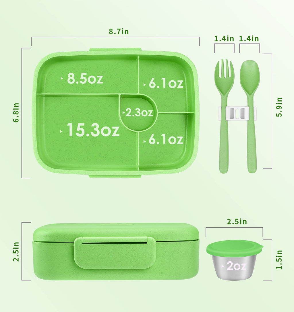 ANDMOON Bento Lunch Box with Kids/Adults, 5 Compartments Leakproof Lunch Container with Dressing Cup, Eco-Friendly Double Insulated Boxes, Dishwasher and Microwave Safe, BPA-Free (green)