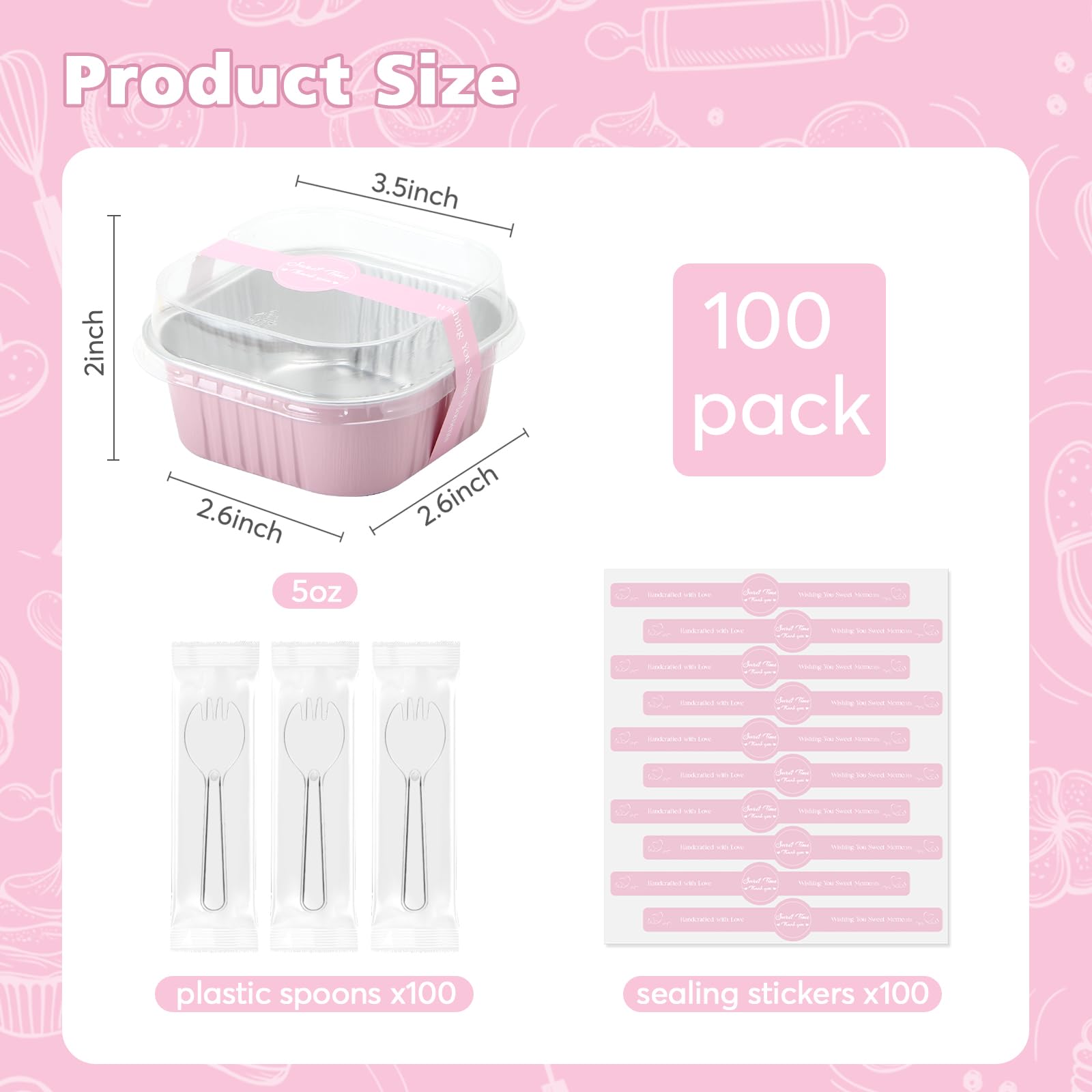 Ruckae 5oz 100 Pcs Square Mini Loaf Pans with Lids-Disposable Foil Dessert Containers,Mini Cake Pans with Lids,Aluminum Dessert Cups for Parties and Weddings (Pink, 5oz)