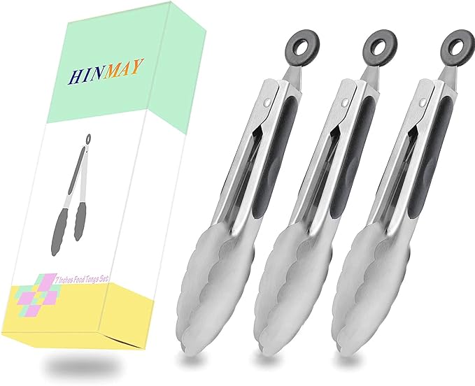HINMAY Small Stainless Steel Serving Tongs 7-Inch Mini Food Tongs, Set of 3