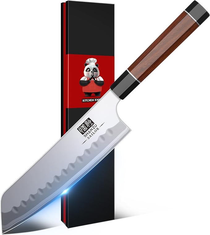 SHAN ZU 7 Inch Japanese Santoku Knife, 9 Layers 10Cr15MoV High Carbon Steel