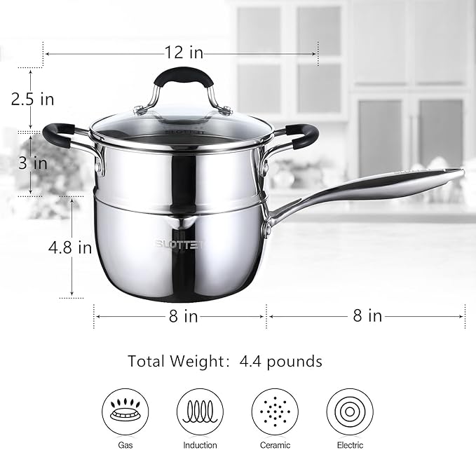SLOTTET 3.5 Quart Stainless Steel Saucepan with Steamer, Tri-Ply Full Body Small Multipurpose Pot with Pour Spout,Strainer Glass Lid, 3 Qt Sauce Pan for Cooking with Stay-cool Handle.