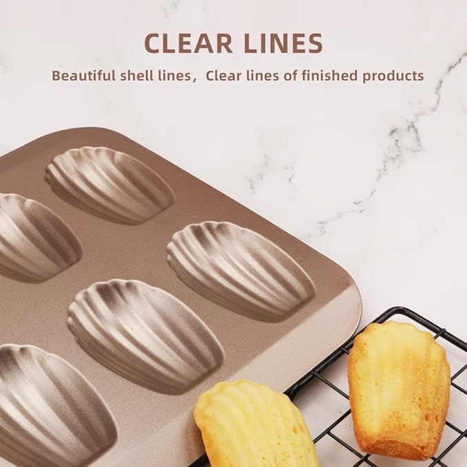 2 Pack Madeleine Pans for Baking, 12 Cavity Heavy Duty Shell Shape Baking Mold Nonstick Cookie Cake Pan for Oven（Gold）