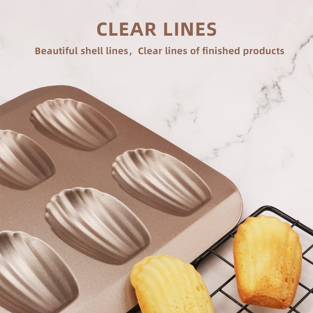 2 Pack Madeleine Pans for Baking, 12 Cavity Heavy Duty Shell Shape Baking Mold Nonstick Cookie Cake Pan for Oven（Gold）