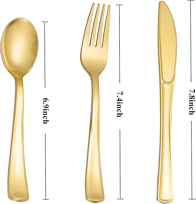 N9R 200PCS Gold Plastic Silverware, Heavy Duty Disposable Utensils/Cutlery