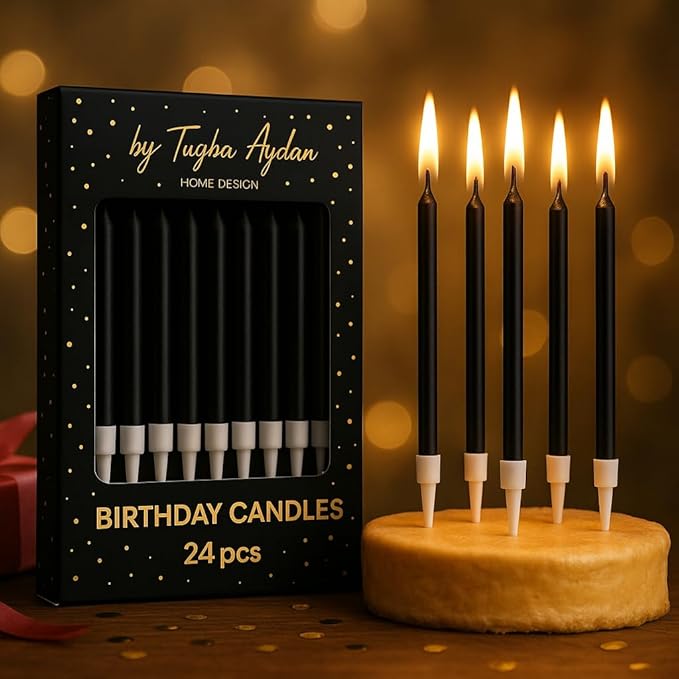 by Tugba Aydan - Black Birthday Candles, 24 Pack, Long Thin Metallic Cake Candles with Holders, Elegant Black Candles for Cakes, Cupcakes & Parties