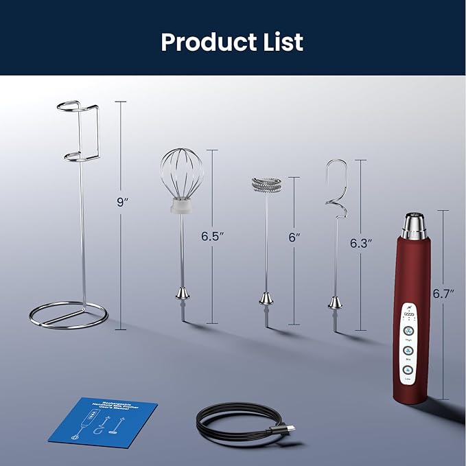 Milk Frother Wand Rechargeable Handheld Electric Whisk 3 Speed Adjustable