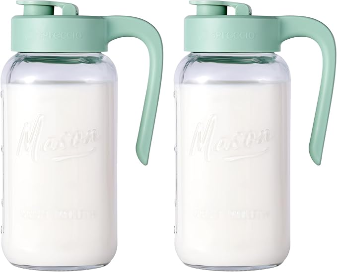 Spreccio Mason Jar Pitcher, 2 pcs 64 oz (2 quart), Glass Pitcher with Lid