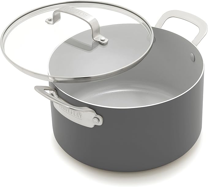 GreenPan x Bobby Flay 6QT Stockpot with Glass Lid, PFAS-Free Diamond Ceramic Nonstick Pot, Induction Suitable, Easy Clean Dishwasher & Oven Safe, Quick Heating, Pasta, Soups