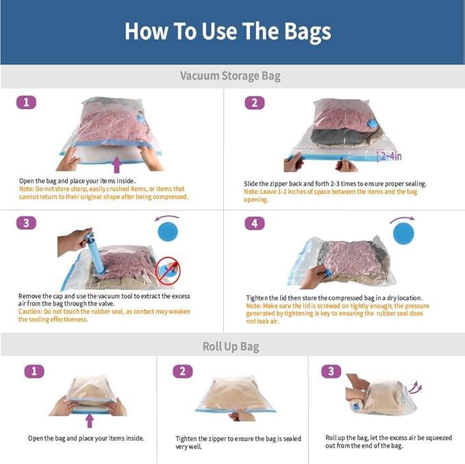 Vacuum Storage Bags 20 Pack Hand Pump, 80% Space Saver Vacuum Sealer bags