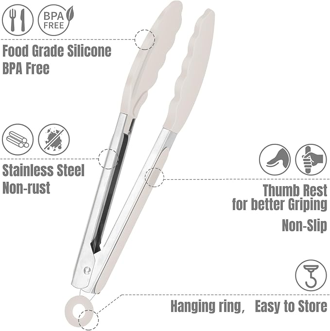 Hotec 7-Inch Mini Silicone Kitchen Tongs, Heat Resistant Non-Stick Small Serving Tongs with Silicone Tips, Food Safe Cooking Tongs Set of 3 (Black, Grey, White)