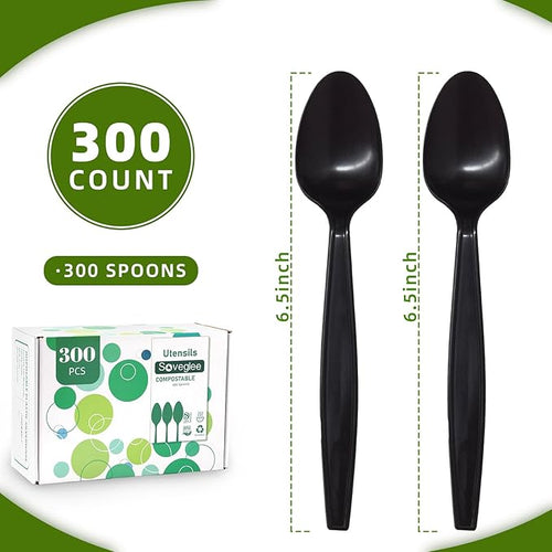 100% Compostable Spoons, 300 Disposable Spoons, Black No Plastic Spoons, BPA-Free Heavy Duty Disposable Utensils, Ecofriendly Compostable Cutlery for Party Wedding Picnic