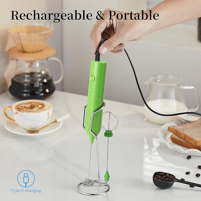 ELMWAY Rechargeable Milk Frother Set by ELMWAY, Electric Drink Blender with Wand and Egg Whisk, Foam Maker Mixer, Milk Frother Handled for Coffee, Latte, Matcha, Protein Powder (Green with Stand)