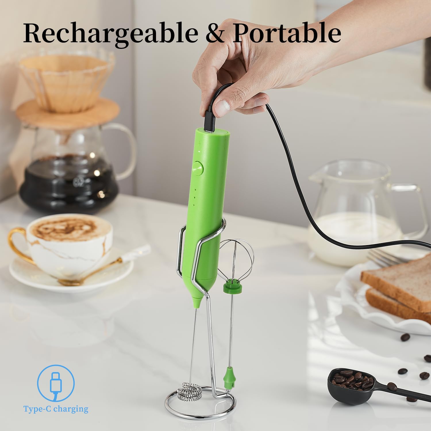 ELMWAY Rechargeable Milk Frother Set by ELMWAY, Electric Drink Blender with Wand and Egg Whisk, Foam Maker Mixer, Milk Frother Handled for Coffee, Latte, Matcha, Protein Powder (Green with Stand)