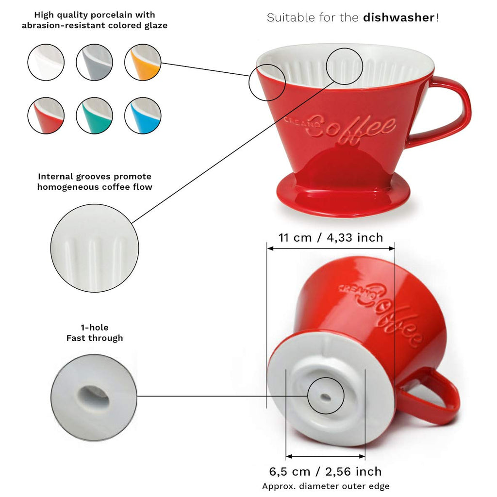 Creano XXL Porcelain Coffee Dripper Blue - Ceramic Cone Brewer - Pour Over Coffee Maker - Filter Size 4 - huge and heavy quality 800gr/28oz - 6 Colours availeble