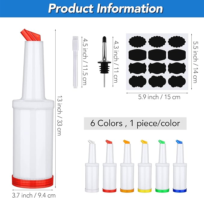 Ruisita 6 Pack 34 Oz Bar Juice Pour Bottles Plastic Bar Pour Bottles with 12 Stainless Steel Bottle Pourer Tapered Spout Fruit Juice and Liquor Containers for Bar Supplies, Multicolor