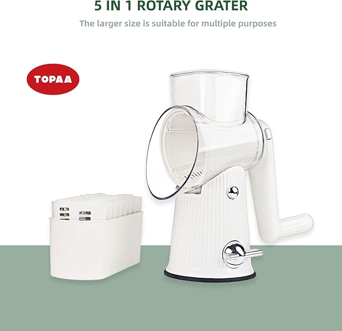 Rotary Cheese Grater with Handle - Vegetable Shredder with 5 Blades & Strong Suction Base, Round Slicer & Food Chopper for Kitchen (White)