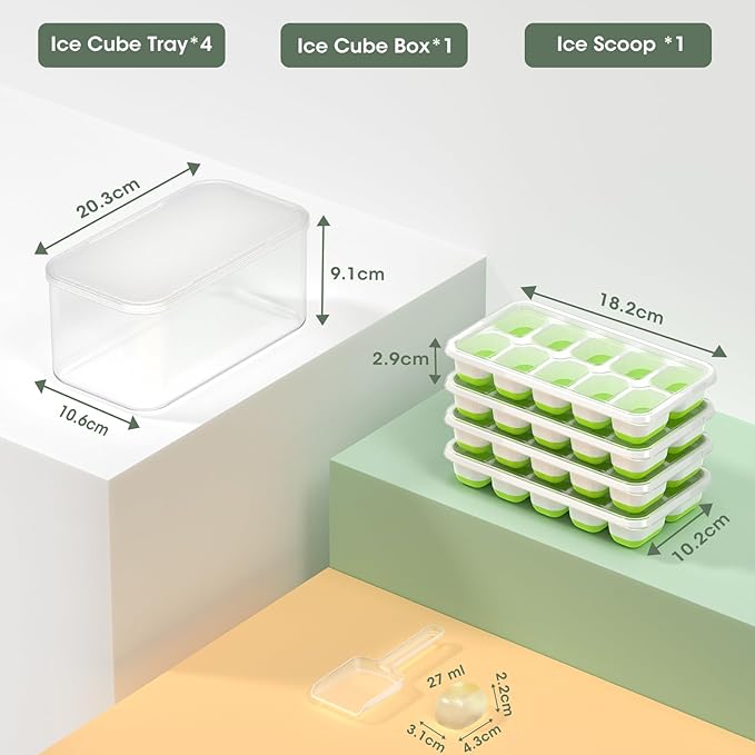 DOQAUS Ice Cube Tray with Lid and Bin,4 Pack Ice Cube Trays for Freezer