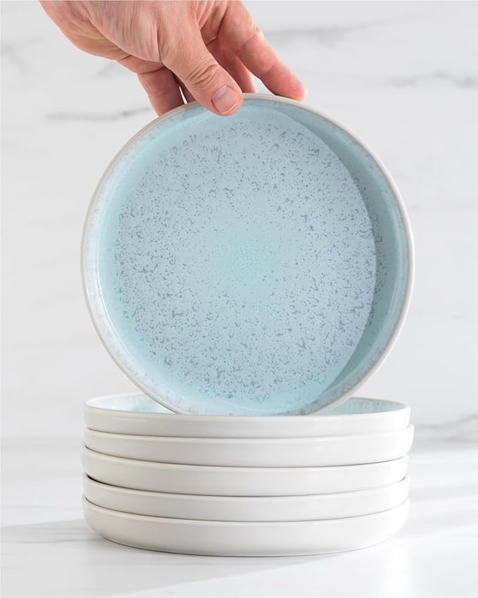 24 Piece Stoneware Dinnerware Set for 8 - Handmade Reactive Glaze Plates and Bowls Set - Chip & Scratch Resistant Dish Set - Dishwasher Microwave Safe - Light Beige & Blue