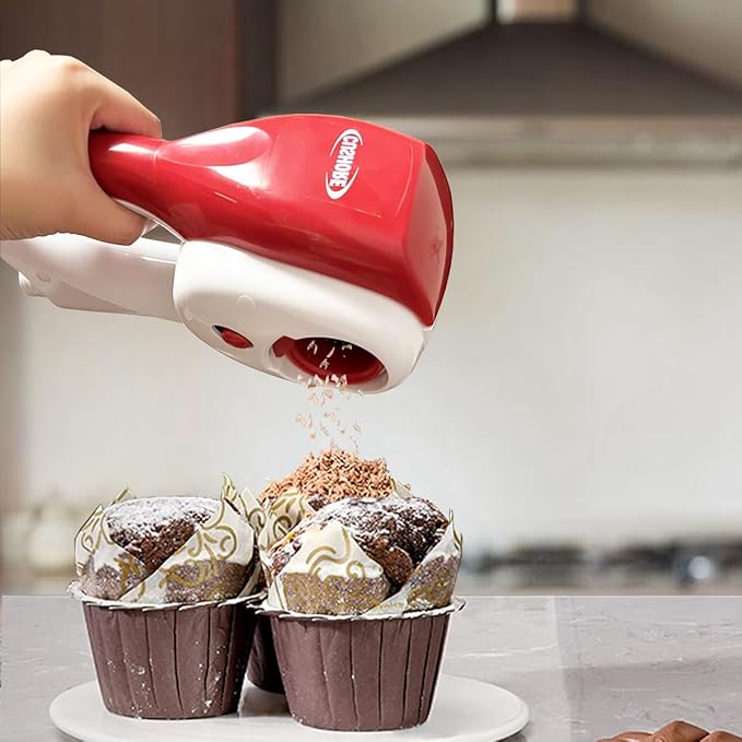 Cushore Electric Hard Cheese Grater, Model CES03D, Red, Stainless Steel, Automatic, Cordless, 3 Interchangeable Blades, Easy to Clean