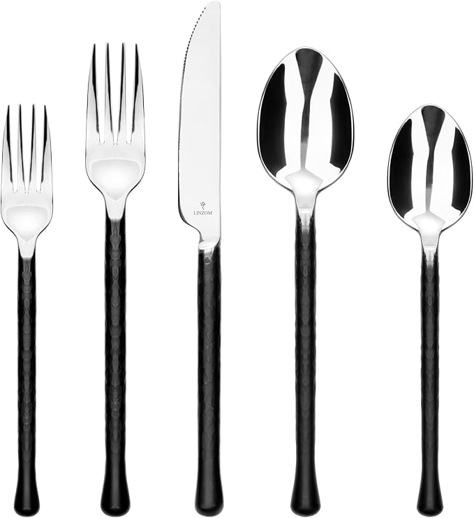 LINZOM Forged 20-Piece Matte Black Silverware Set, 18/10 Stainless Steel Flatware Service for 4, Rustic Black Flatware, Spoons Forks Set Home Kitchen Restaurant Housewarming, Dishwasher Safe