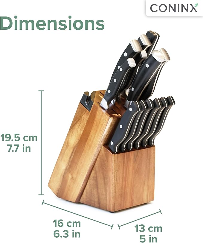 Coninx Knife Block with Built-In Sharpener – 15 Slot Acacia Wood Knife Holder for Kitchen Counter – Non-Slip Wooden Knife Organizer Stand for Chef & Bread Knives
