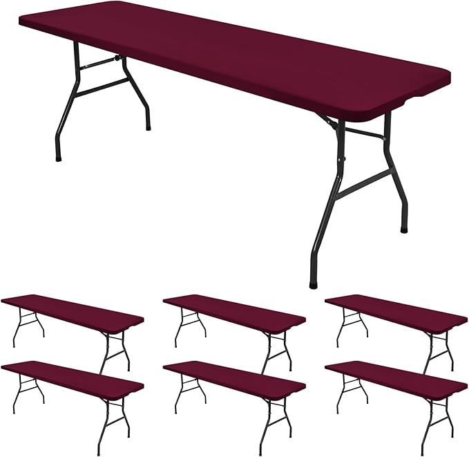 REWOMC 6 Pack Stretch Fabric Table Top Cap Cover, fits 8' Tables, Spandex Table Covers Washable Elastic Rectangle Tablecloth Protector for Indoor Outdoor Party Picnic Wedding, Wine Red, 30" W x 96" L