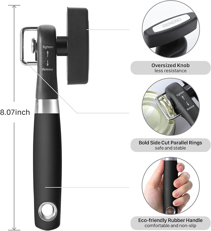 Beneno Can Opener, Manual Side Safe Cut Can Opener Smooth Edge, Black