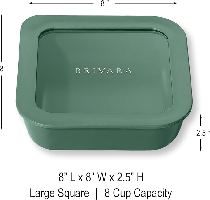 BRIVARA HOME Glass Food Storage Container with Lid, 8-Cup Large Square | Microwave-Safe Airtight Lid, Oven-Safe Ceramic-Coated Glass | Zero Plastic, No PFAS/PFOA/BPA, Reusable [Pine]