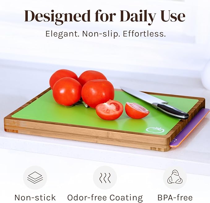 Cooler Kitchen Bamboo Wood Cutting Board Set with 6 Color Coded Flexible Plastic Chopping Mats with Food Icons, Wooden Cutting Boards for Kitchen, Wooden Chopping Board Non Toxic Dishwasher Safe