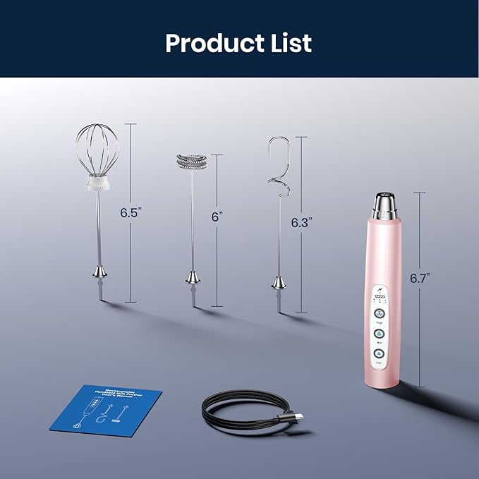 Milk Frother Wand Rechargeable Handheld Electric Whisk 3 Speed Adjustable