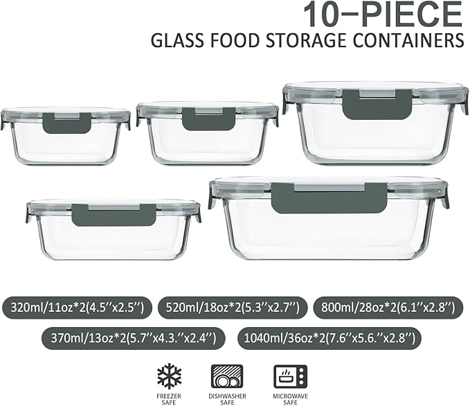 M MCIRCO 10 Pack Glass Food Storage Container with Lids,Gray