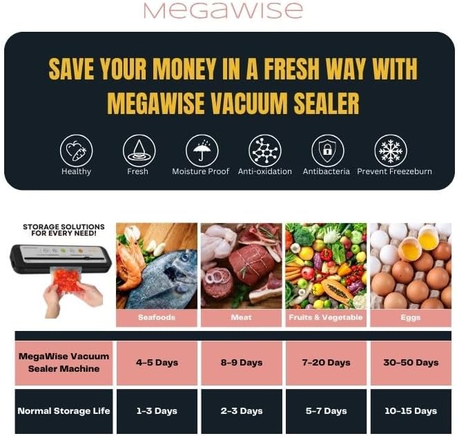 MegaWise Vacuum Sealer Machine, 80kPa Powerful Suction, One-Touch Automatic Food Sealer with Built-in Cutter & Bags Included, Dry Moist Modes for All Saving needs
