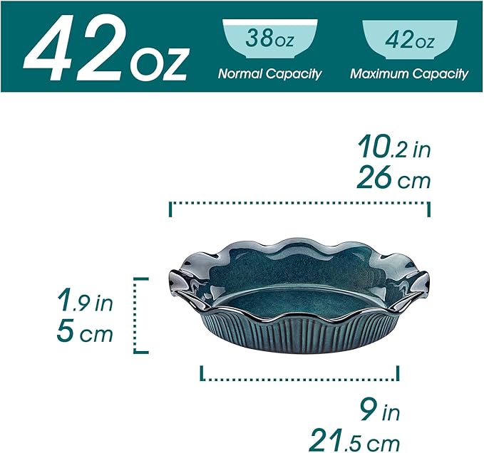 vancasso Ceramic Pie Pan for Baking, 9 inch Deep Pie Plates for Apple Pie, Pot Pie, Tart and Quiche, Reactive Glaze Fluted Pie Pans, Large Pie Dish with Ruffled Edge, Green, STERN Series
