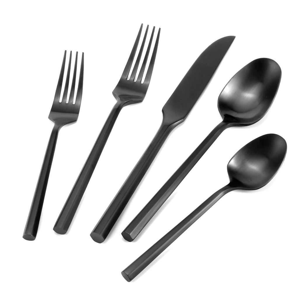 DEACORY Black Silverware Set Matte Finish Hexagon Handle Service for 4