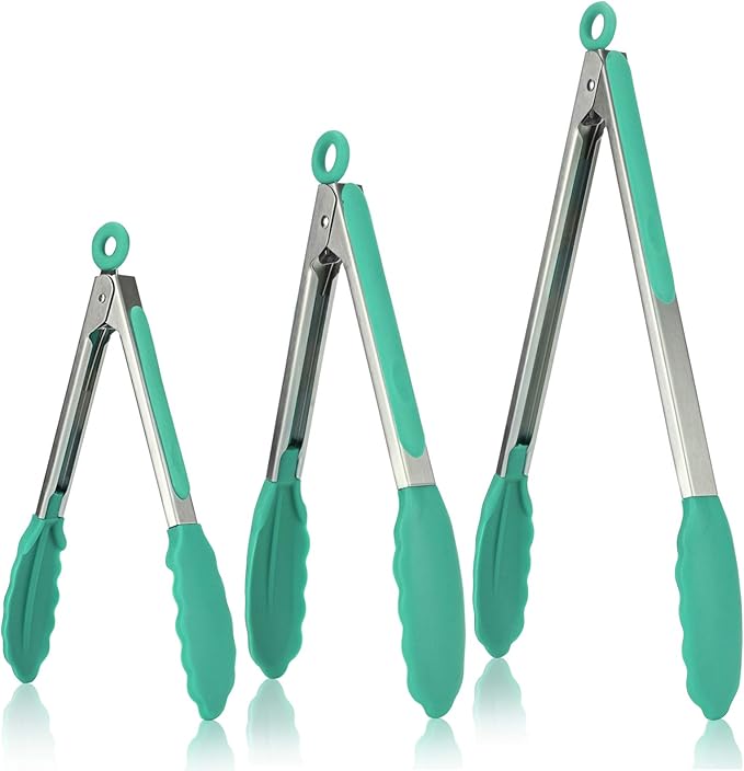 U-Taste Kitchen Tongs for Cooking, 600ºF Heat-Resistant Tps, 3Pcs/Aqua Sky