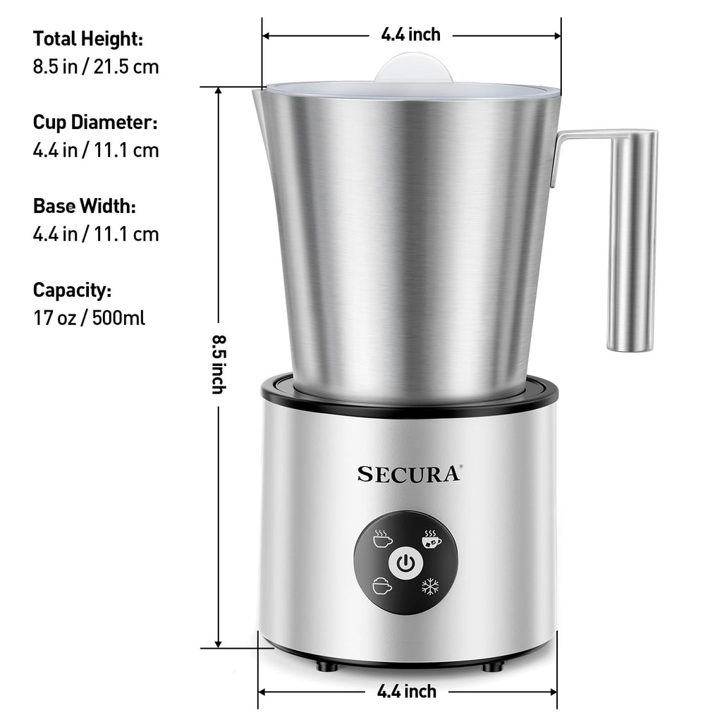 Secura 4-in-1 Electric Milk Frother, 17oz Stainless Steel Jug, Teflon-Free