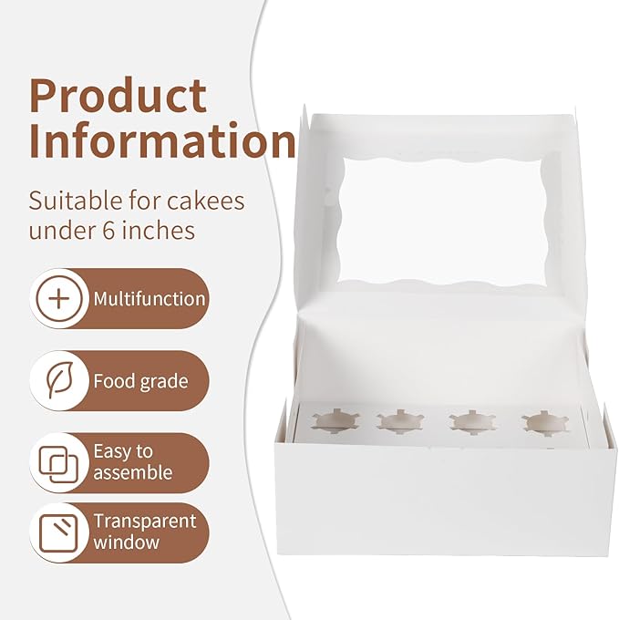 PFAMKEER Bento Cake Box With Cupcakes, Clear Window 9 Holes Bento Combination,12 Sets: Cookie Boxes Fit 8 Regular Cupcake and Mini Cakes, Christmas Wedding Birthday Party (White/clear, 1+8/12pcs)